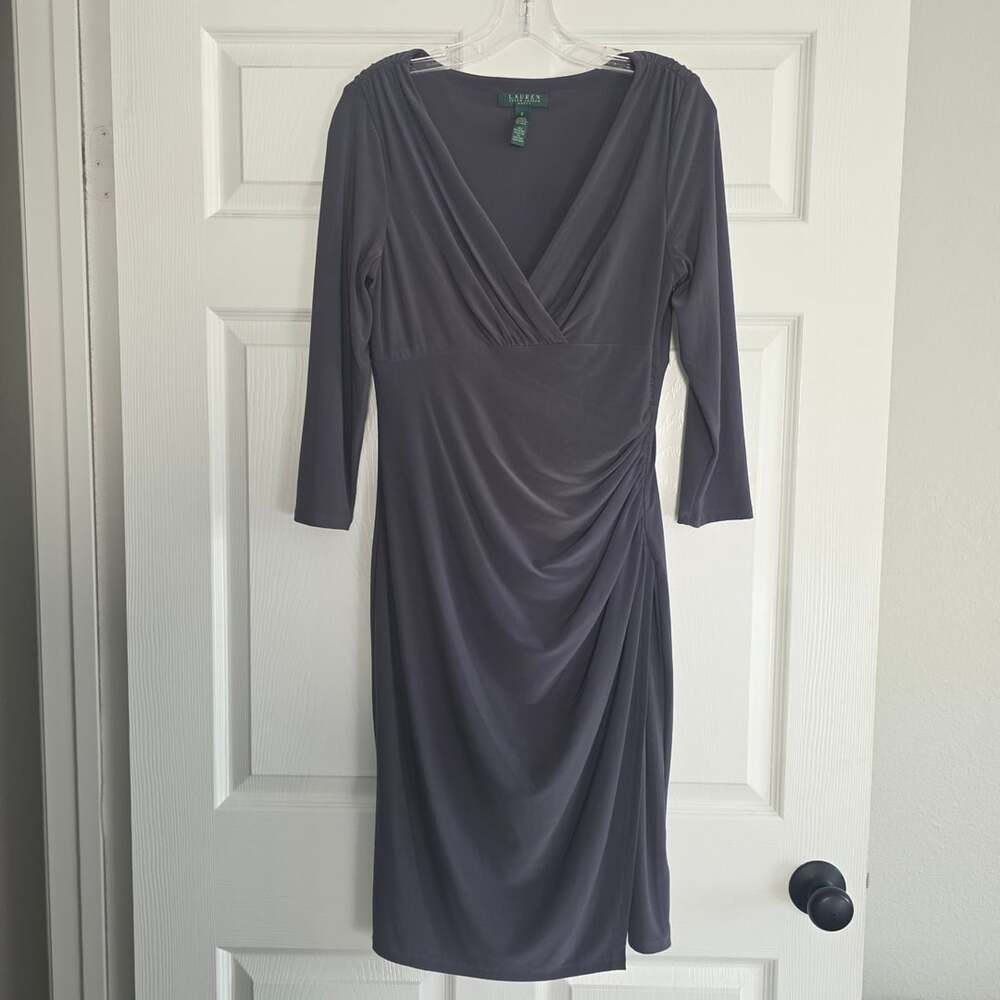 Lauren Ralph Lauren Faux Wrap Ruched Jersey Dress Grey  Size 6 EUC